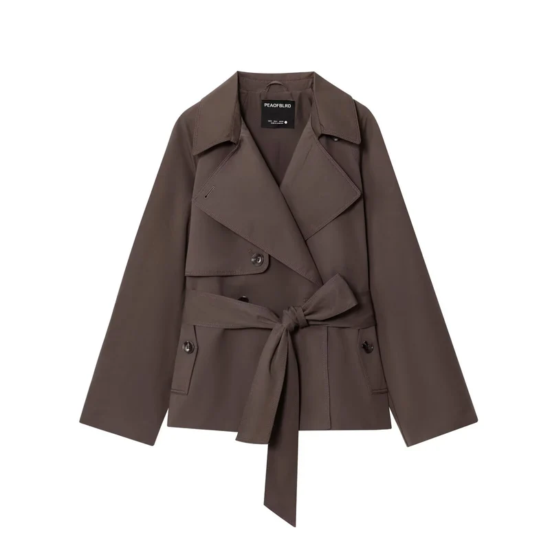 Damen Gekürzte Taillengürtel-Trenchjacke mit breitem Revers und Pattentaschen Nord Taschen