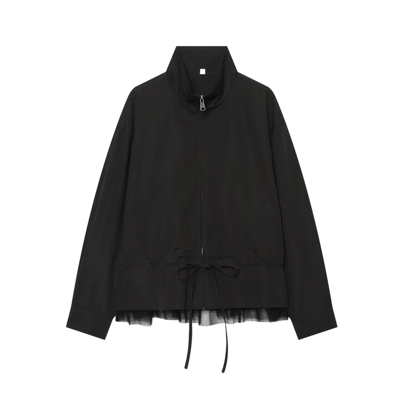 Damen leichte taillierbare Windjacke mit Stehkragen, Tunnelzug und Tüllbesatz Nord Taschen