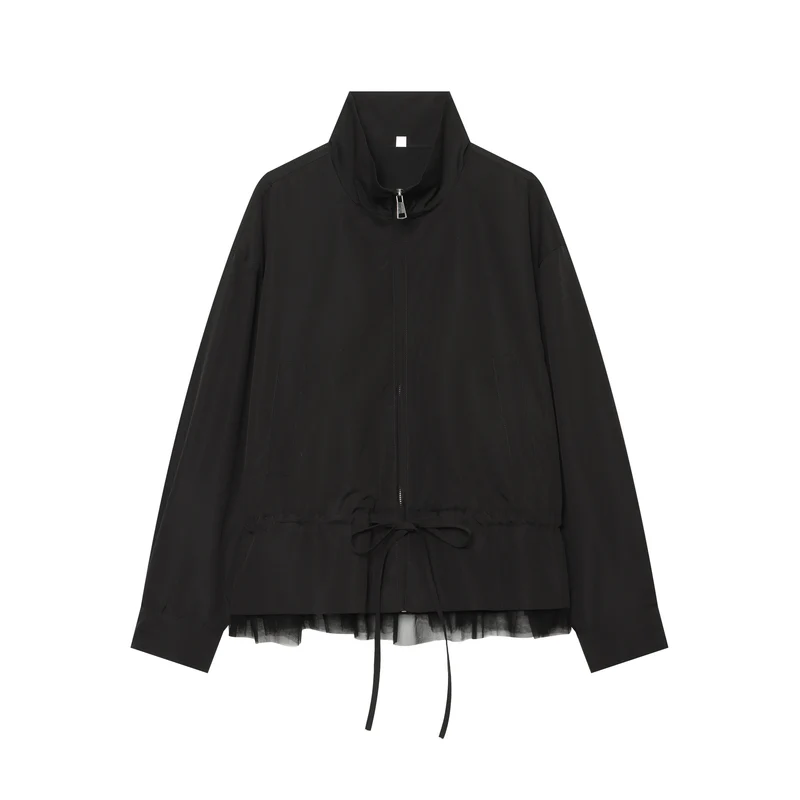 Damen leichte taillierbare Windjacke mit Stehkragen, Tunnelzug und Tüllbesatz Nord Taschen