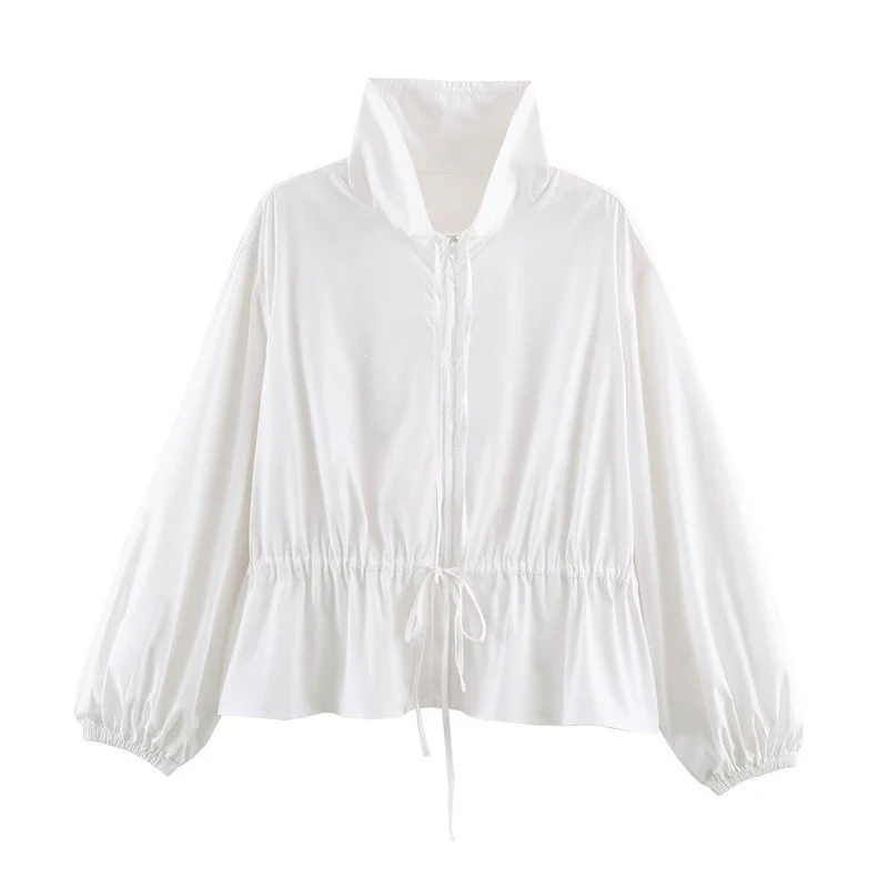 Damen Leichte taillierbare Windjacke mit Stehkragen, Tunnelzug und Ballonärmeln Nord Taschen