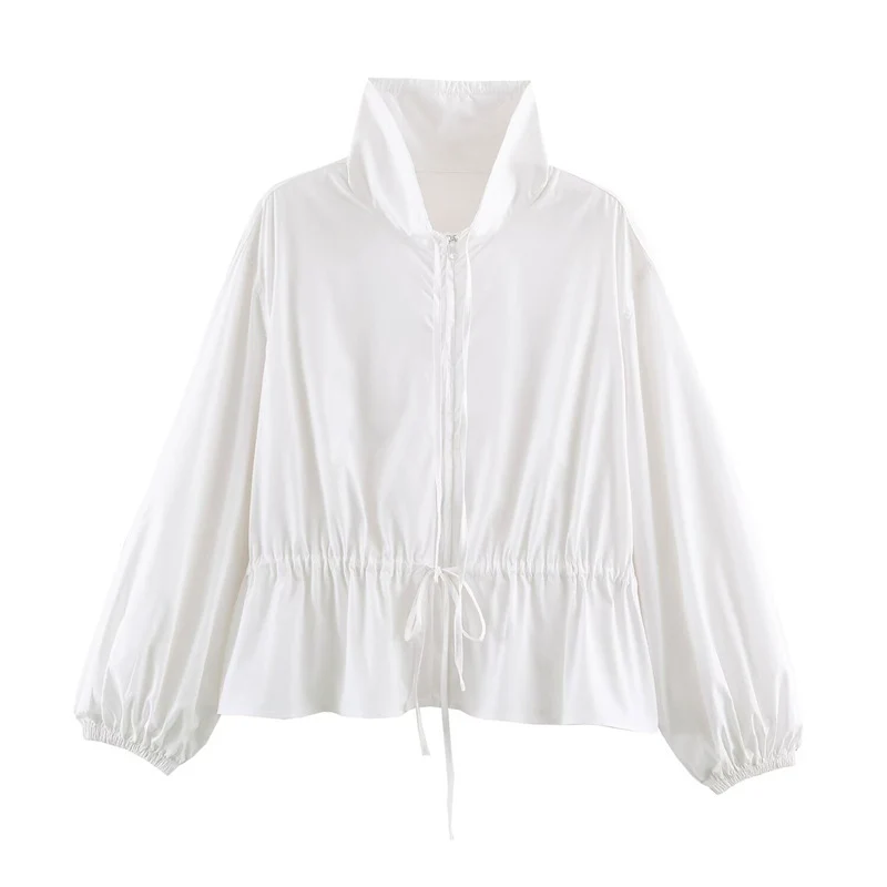 Damen Leichte taillierbare Windjacke mit Stehkragen, Tunnelzug und Ballonärmeln Nord Taschen