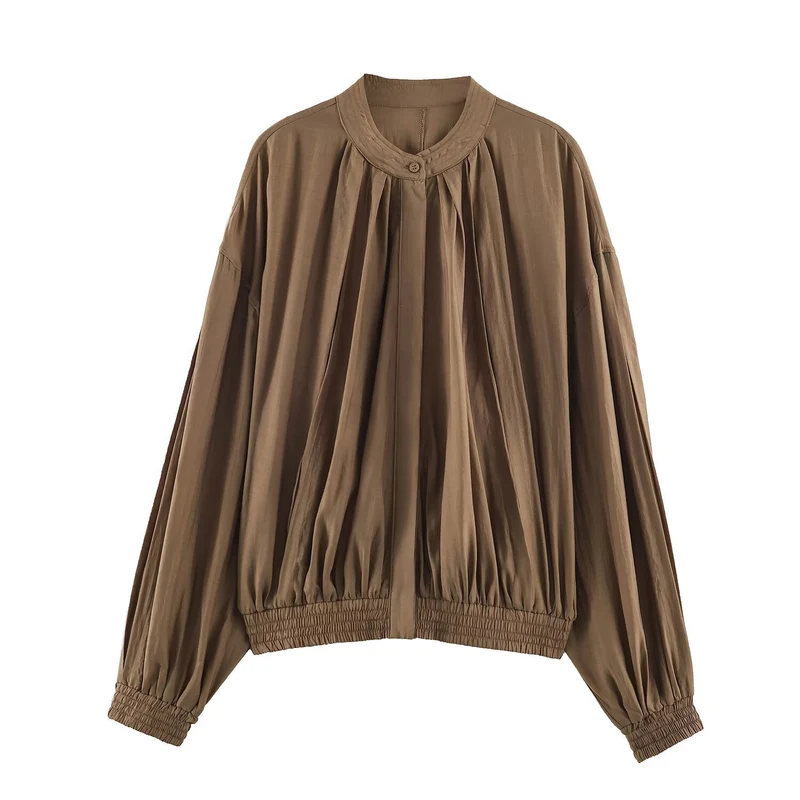 Damen Leichte plissierte Blousonjacke mit Stehkragen und Smokbund Nord Taschen