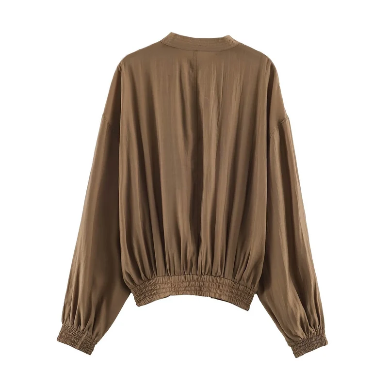 Damen Leichte plissierte Blousonjacke mit Stehkragen und Smokbund Nord Taschen