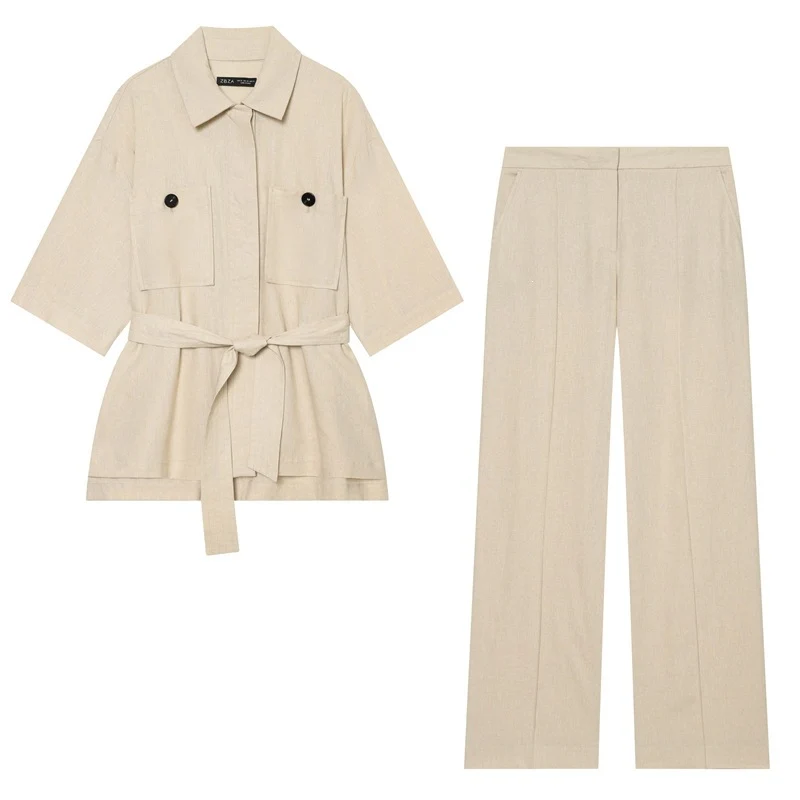 Damen Leichte Leinenhose mit weitem Bein und Bügelfalte Nord Taschen