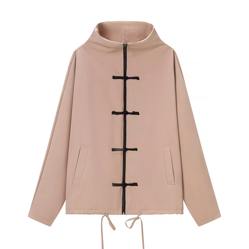 Damen leichte Boxy-Jacke mit Stehkragen, Zipper-Front, Kordelzug und dekorativen Knotenverschlüssen Nord Taschen