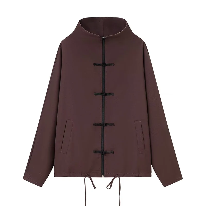 Damen leichte Boxy-Jacke mit Stehkragen, Zipper-Front, Kordelzug und dekorativen Knotenverschlüssen Nord Taschen