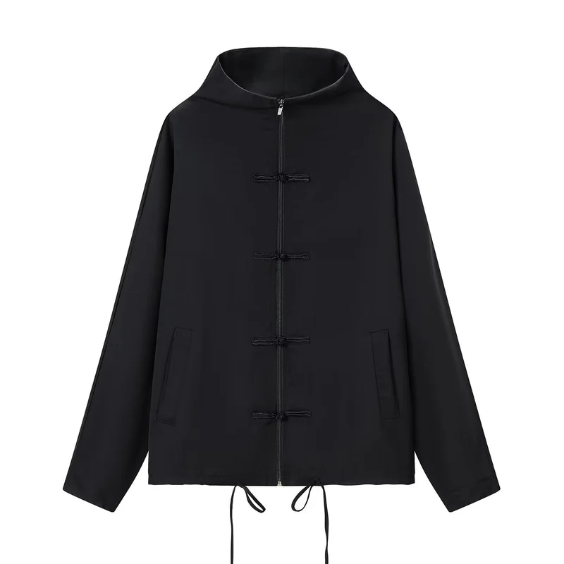 Damen leichte Boxy-Jacke mit Stehkragen, Zipper-Front, Kordelzug und dekorativen Knotenverschlüssen Nord Taschen