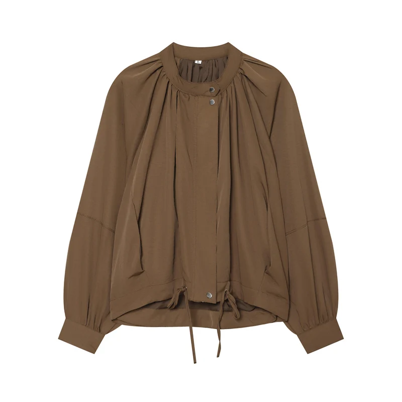 Damen Leichte Blouson-Jacke mit gerafftem Stehkragen, Ballonärmeln und Tunnelzug Nord Taschen