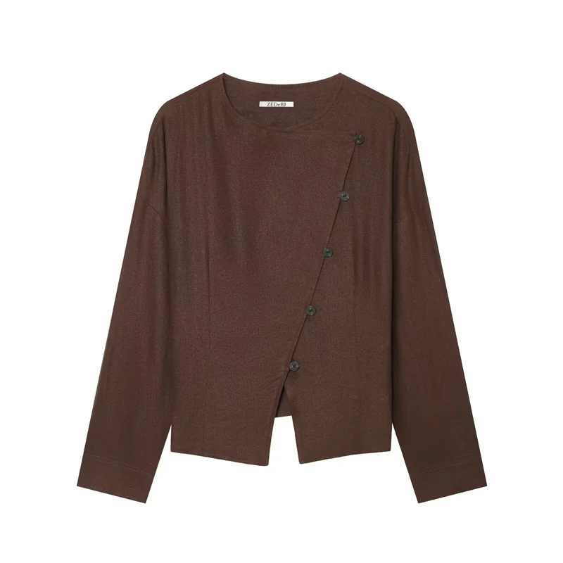 Damen Leichte asymmetrische Blusenjacke mit diagonaler Knopfleiste Nord Taschen