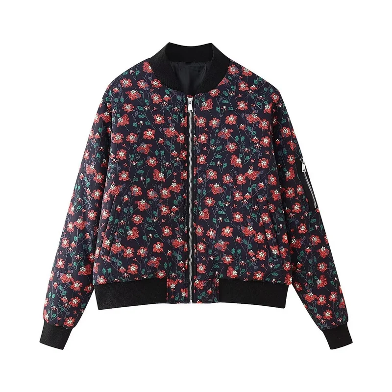 Damen Leicht wattierte gesteppte Bomberjacke mit floralem Alloverprint und Rippbündchen Nord Taschen