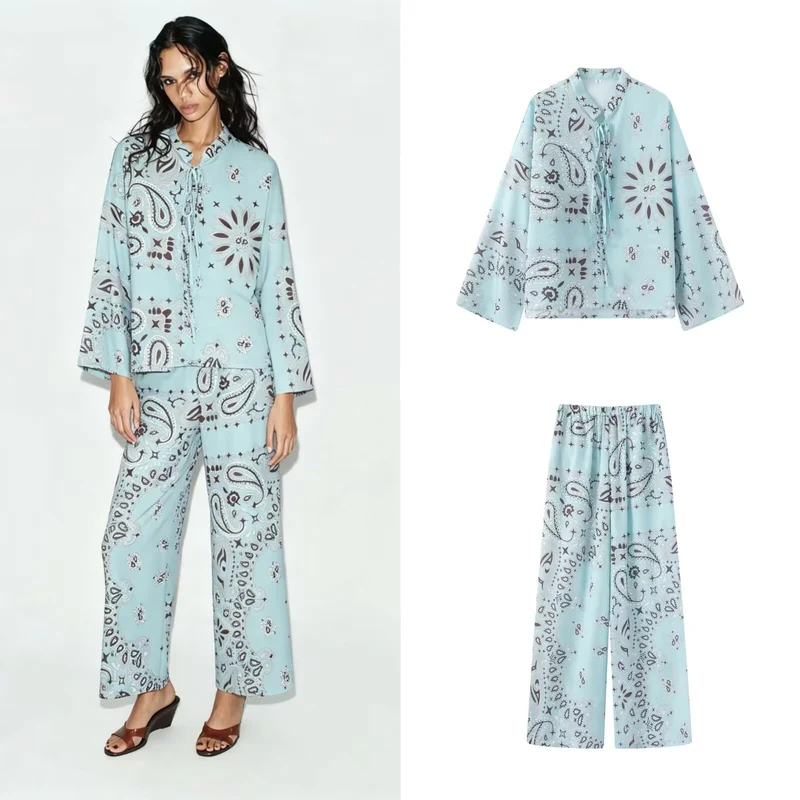 Damen Weite Palazzo‑Hose mit Paisley‑Print, hohem Bund und elastischem Gummizug Nord Taschen