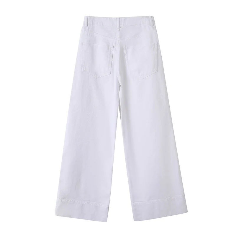 Damen Weite hochtaillierte Palazzo-Hose aus Baumwollmix mit Umschlagsaum Nord Taschen