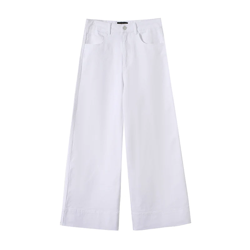 Damen Weite hochtaillierte Palazzo-Hose aus Baumwollmix mit Umschlagsaum Nord Taschen