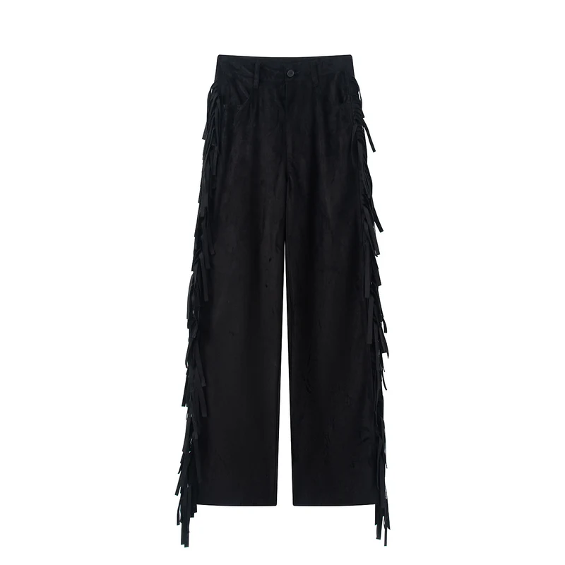 Damen Weite Highwaist-Hose mit seitlichen Fransen und weitem Bein Nord Taschen