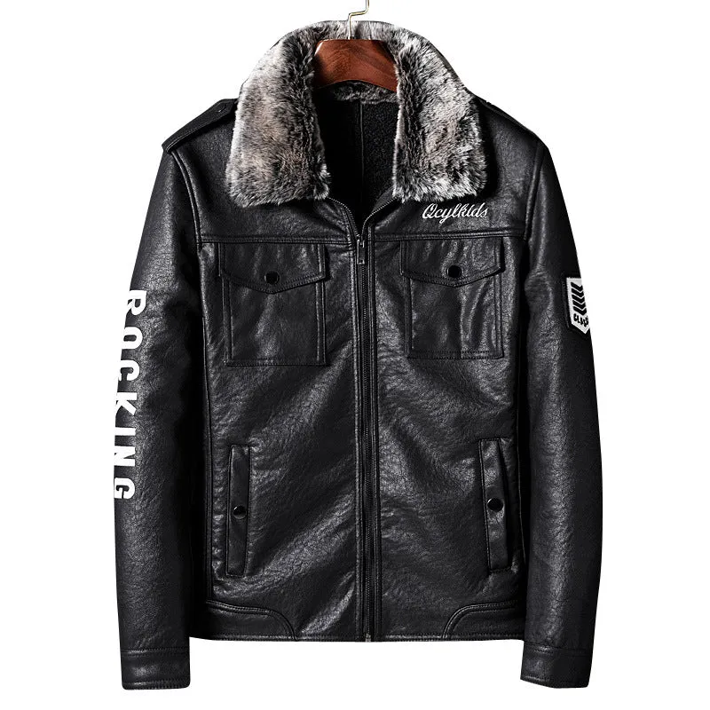 Herren Lederimitatjacke mit Kunstfellkragen und militärischen Abzeichen Nord Taschen