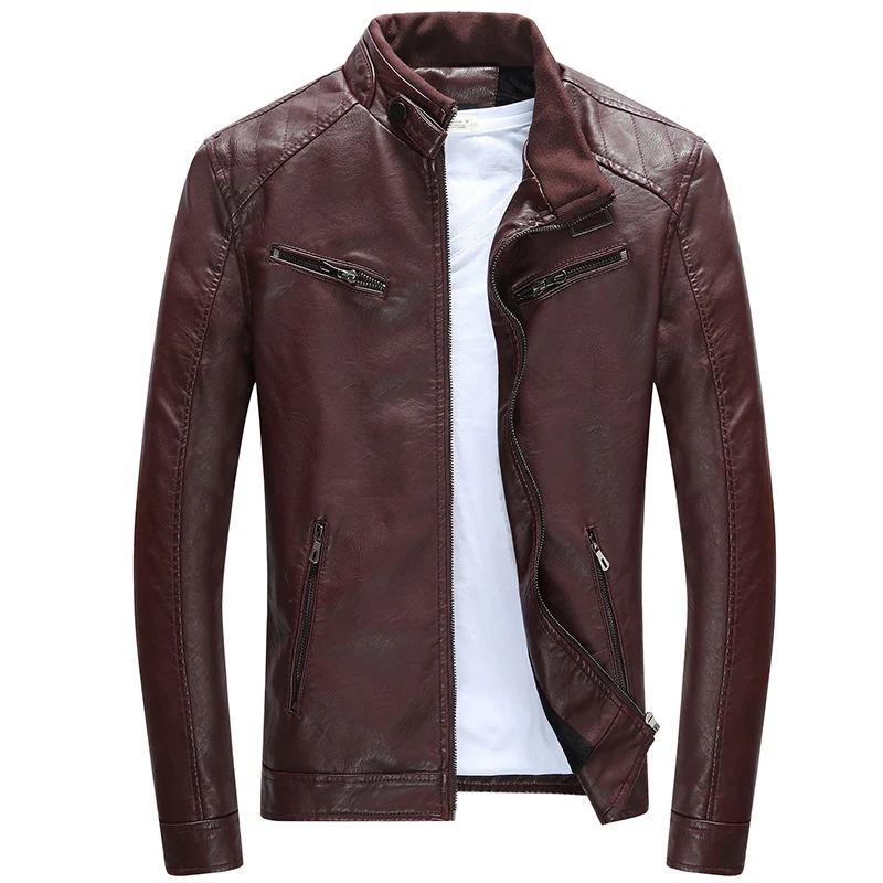 Herren Lederimitat-Bikerjacke mit Stehkragen, Reißverschlusstaschen und schlanker Passform Nord Taschen