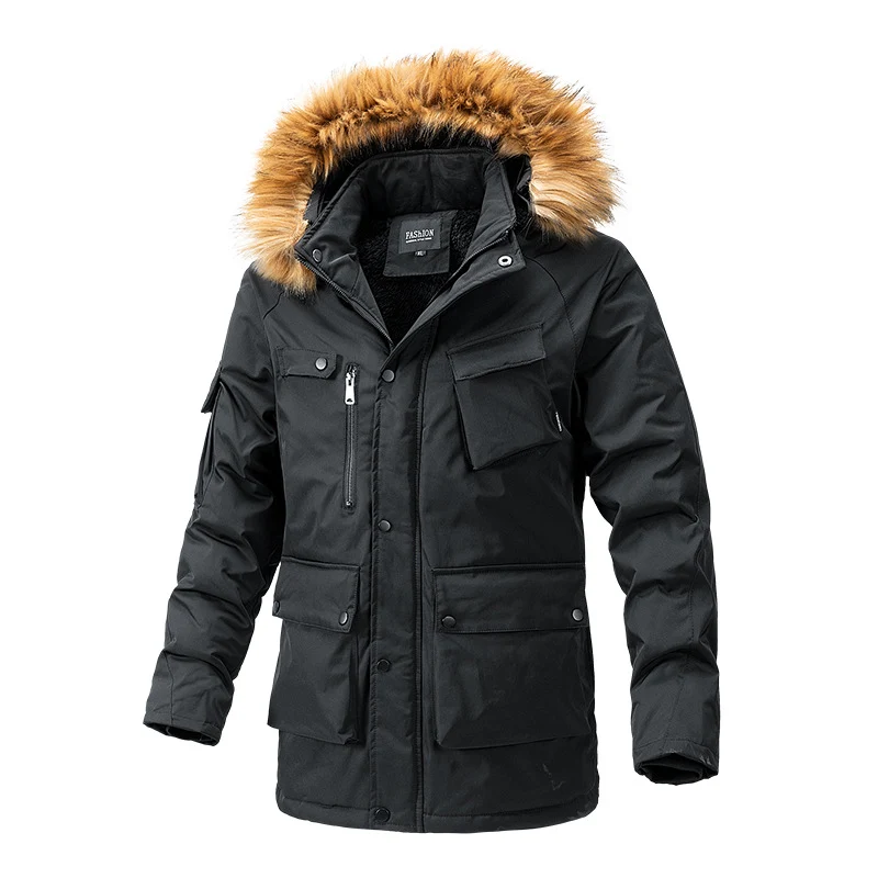 Herren Wärmegefütterte Parka-Jacke mit Kapuze und Teddyfutter Nord Taschen