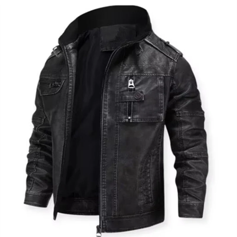 Herren Vintage-inspirierte Bikerjacke in Lederoptik mit Utility-Taschen und Stehkragen Nord Taschen