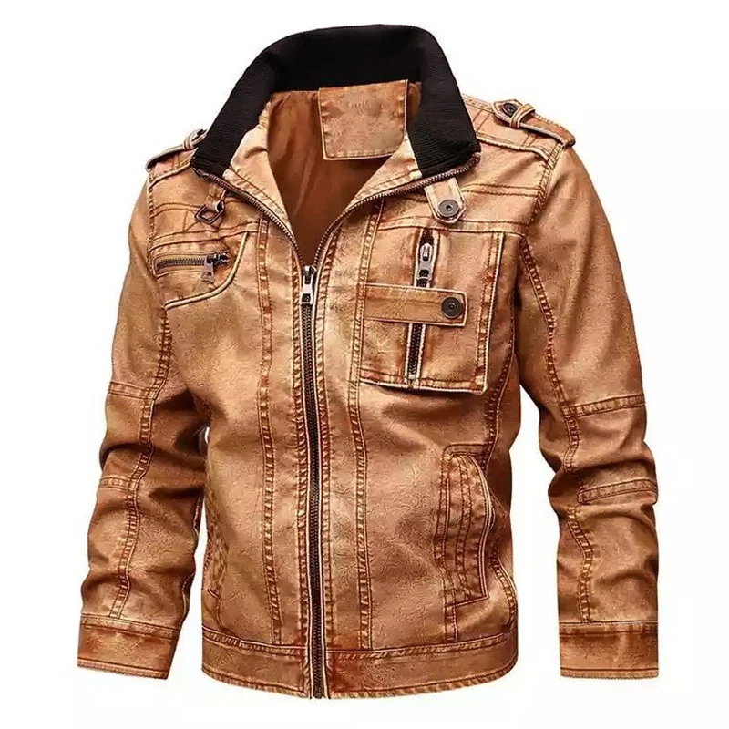 Herren Vintage-inspirierte Bikerjacke in Lederoptik mit Utility-Taschen und Stehkragen Nord Taschen