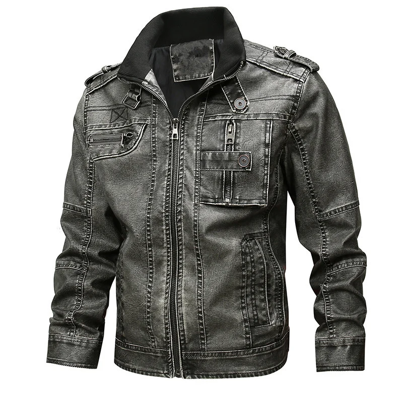 Herren Vintage-inspirierte Bikerjacke in Lederoptik mit Utility-Taschen und Stehkragen Nord Taschen