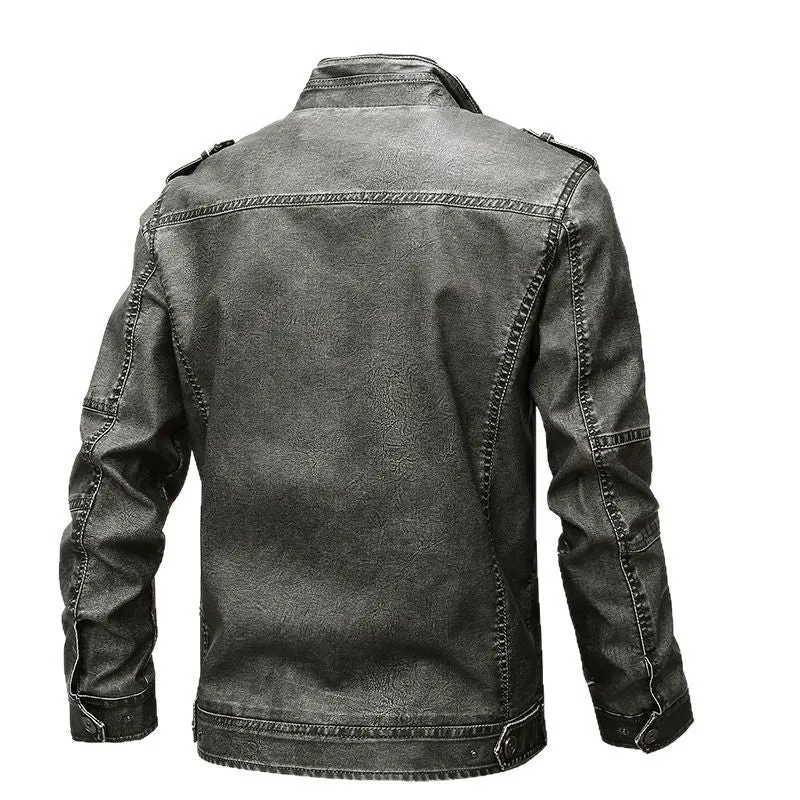 Herren Vintage-inspirierte Bikerjacke in Lederoptik mit Utility-Taschen und Stehkragen Nord Taschen