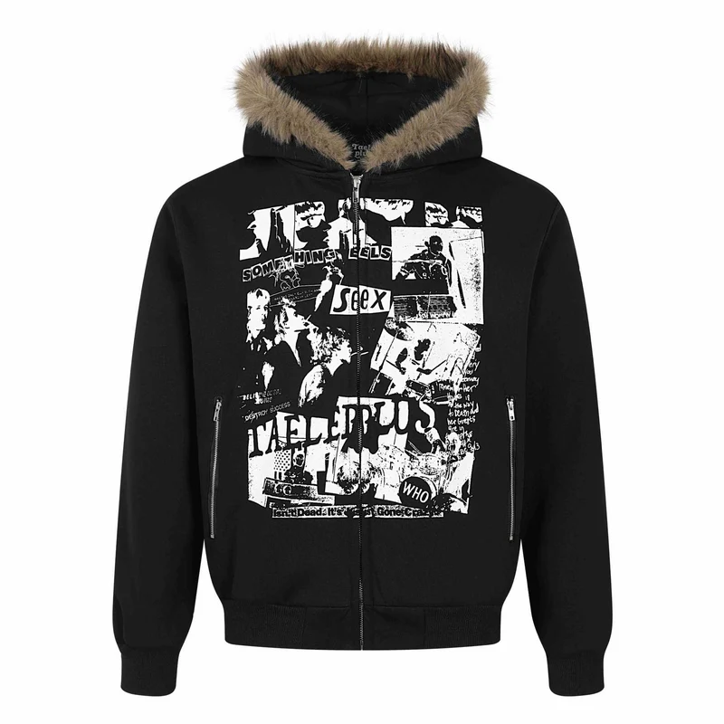 Damen Kapuzen‑Sweatjacke mit Kunstfellbesatz, Frontzip und Collage‑Print Nord Taschen