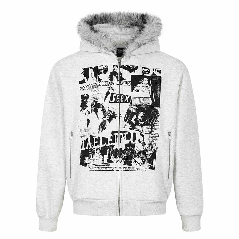 Damen Kapuzen‑Sweatjacke mit Kunstfellbesatz, Frontzip und Collage‑Print Nord Taschen
