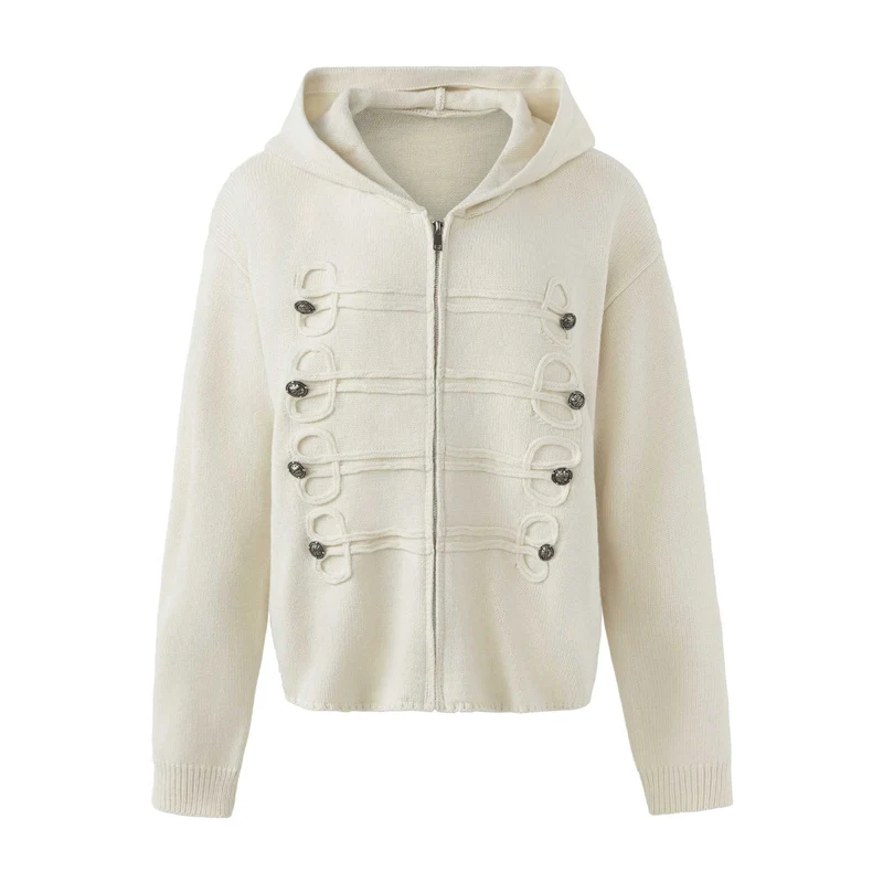 Damen Kapuzen-Strickjacke mit militärischen Zierknöpfen und Reißverschluss Nord Taschen