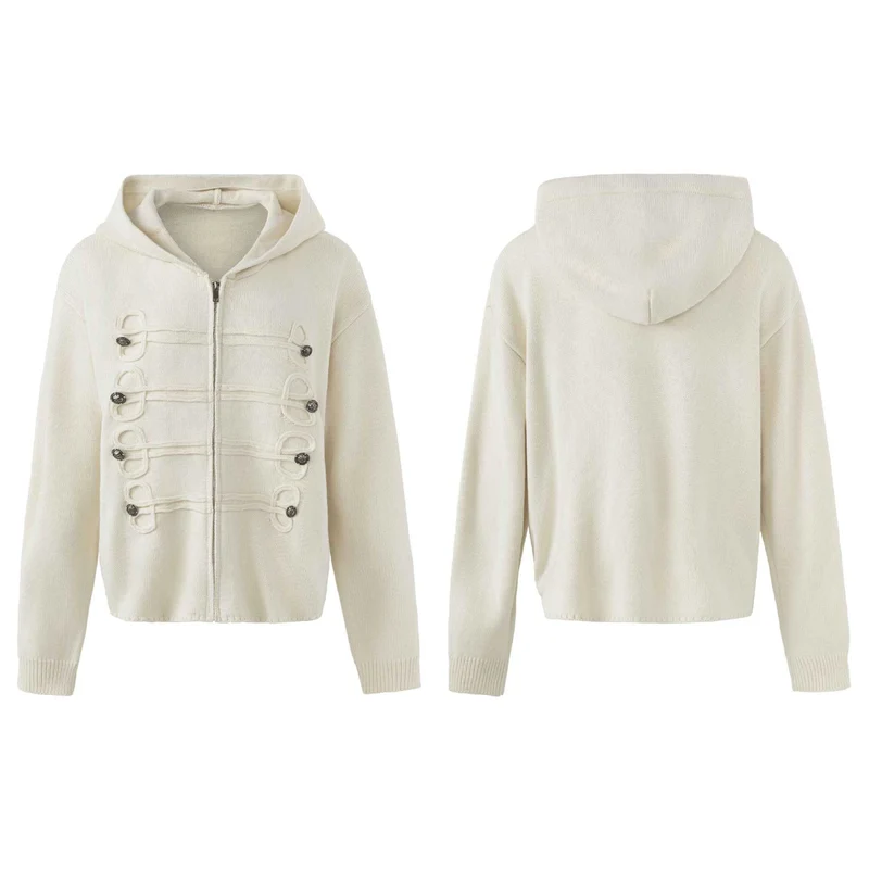 Damen Kapuzen-Strickjacke mit militärischen Zierknöpfen und Reißverschluss Nord Taschen