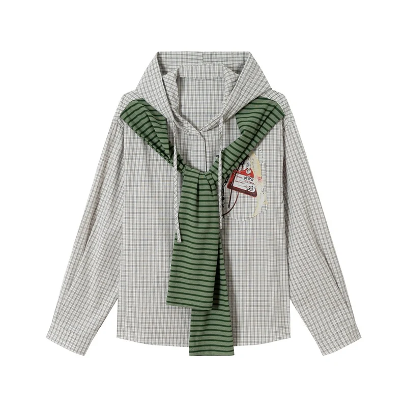 Damen Kapuzen-Hemdbluse mit Karo und angenähtem Streifen-Schal Nord Taschen