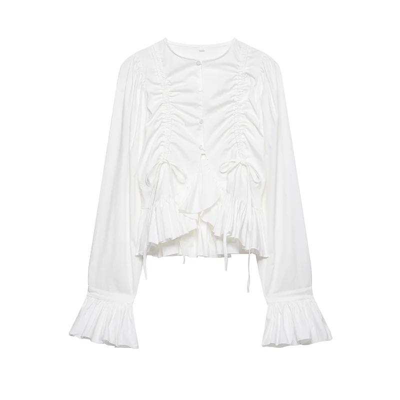 Damen Rüschige Bluse mit Kordelzug, Ballonärmeln und Volant-Saum Nord Taschen