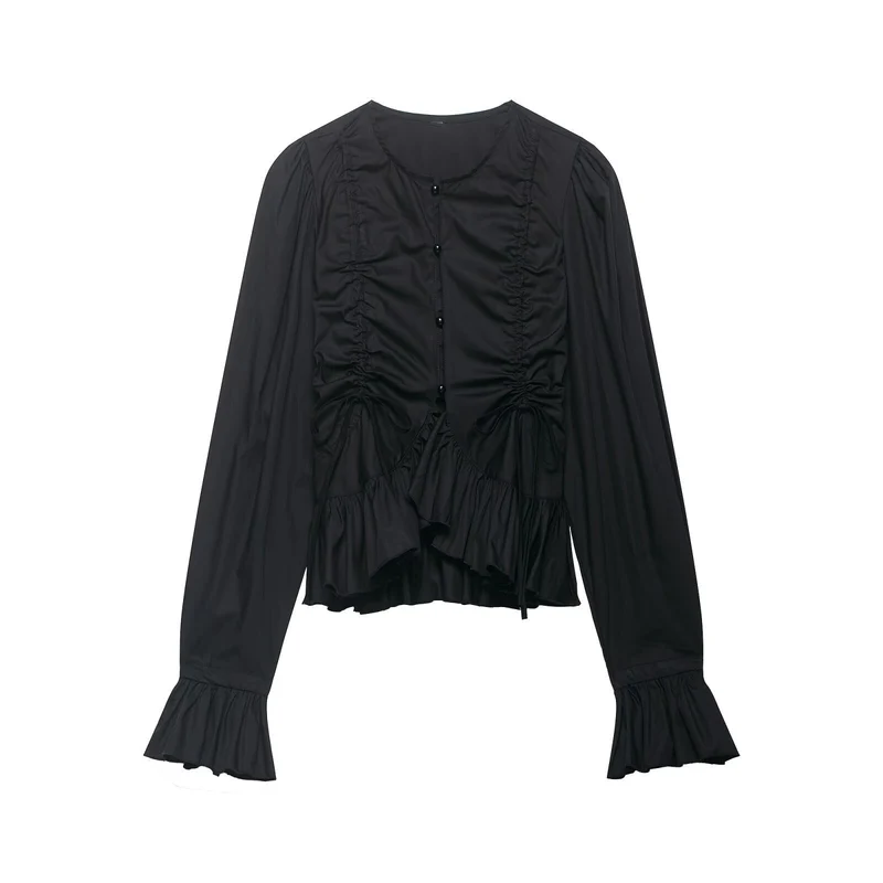 Damen Rüschige Bluse mit Kordelzug, Ballonärmeln und Volant-Saum Nord Taschen