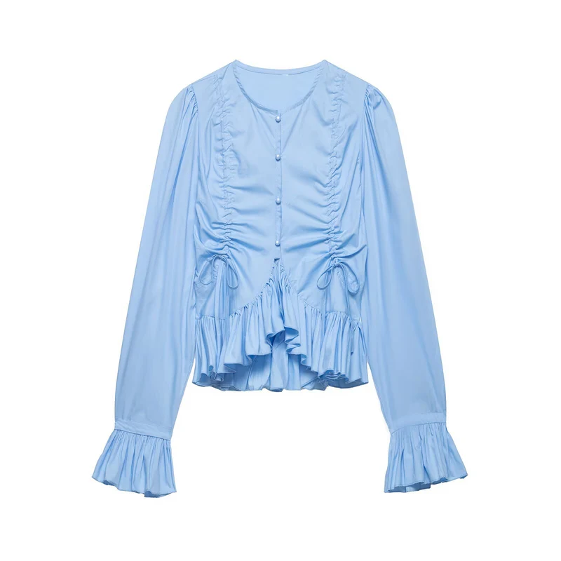 Damen Rüschige Bluse mit Kordelzug, Ballonärmeln und Volant-Saum Nord Taschen