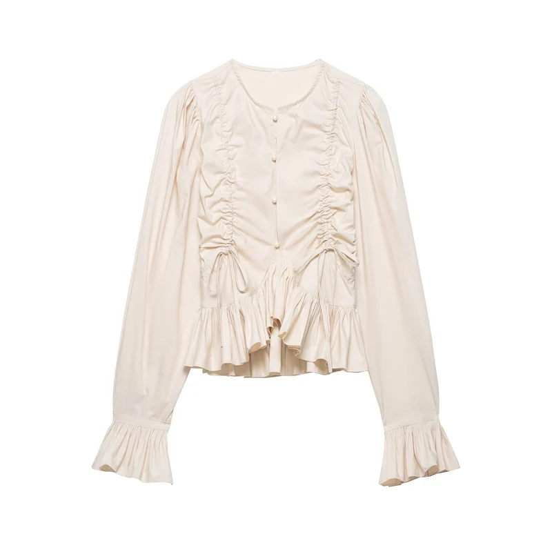 Damen Rüschige Bluse mit Kordelzug, Ballonärmeln und Volant-Saum Nord Taschen