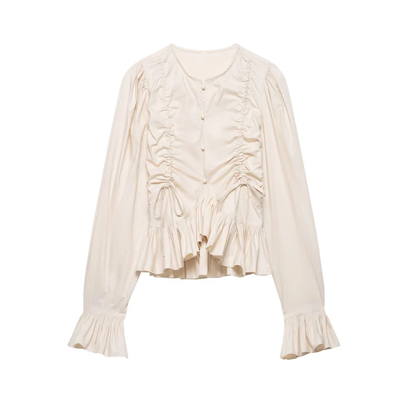 Damen Rüschige Bluse mit Kordelzug, Ballonärmeln und Volant-Saum Nord Taschen