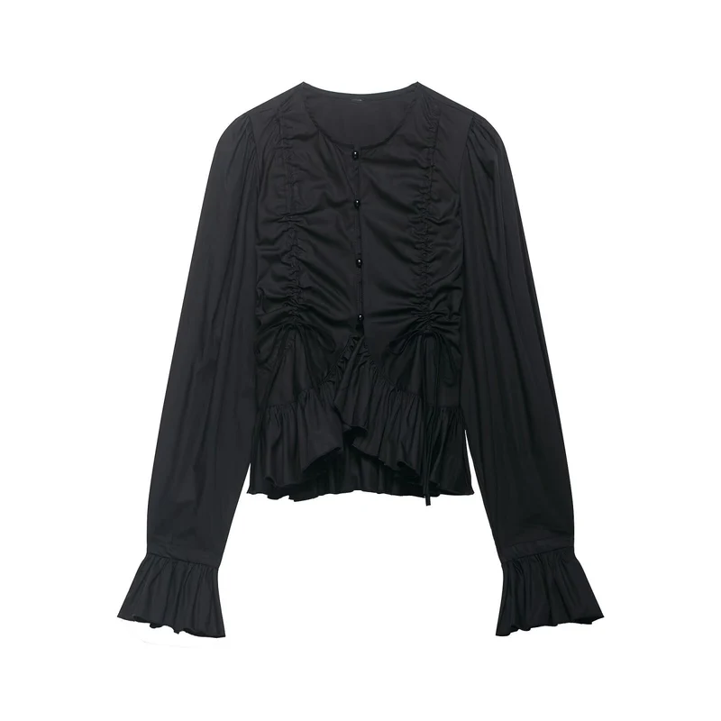 Damen Rüschige Bluse mit Kordelzug, Ballonärmeln und Volant-Saum Nord Taschen