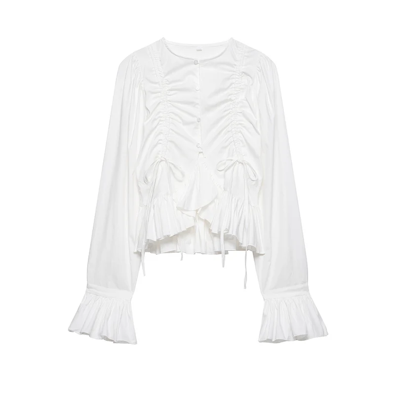Damen Rüschige Bluse mit Kordelzug, Ballonärmeln und Volant-Saum Nord Taschen