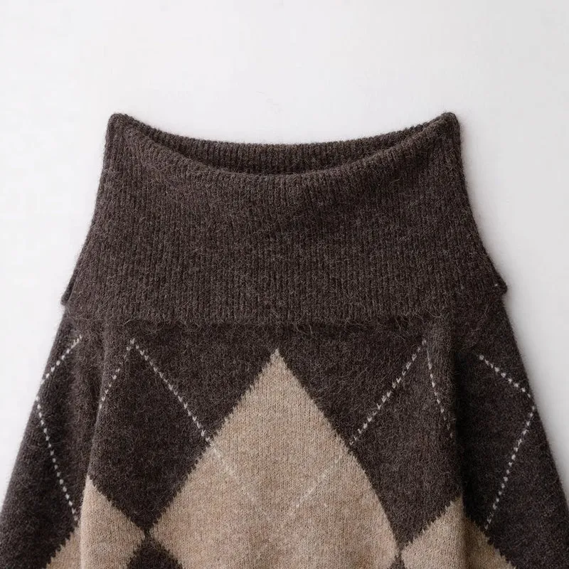 Damen Oversized Strickpullover mit Rollkragen und Rautenmuster Nord Taschen