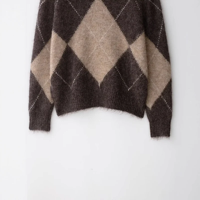 Damen Oversized Strickpullover mit Rollkragen und Rautenmuster Nord Taschen