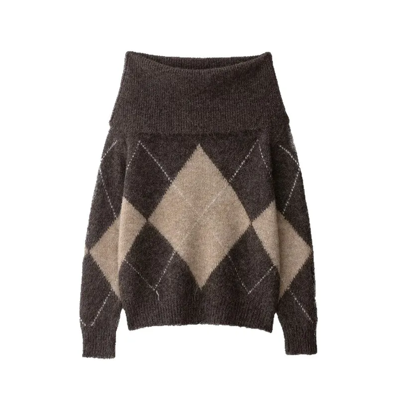 Damen Oversized Strickpullover mit Rollkragen und Rautenmuster Nord Taschen