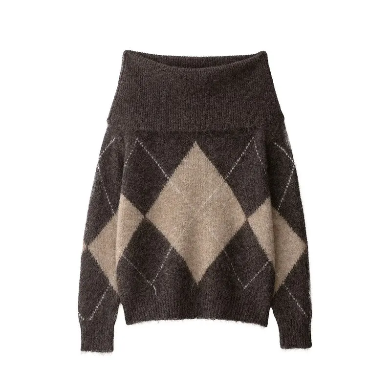 Damen Oversized Strickpullover mit Rollkragen und Rautenmuster Nord Taschen