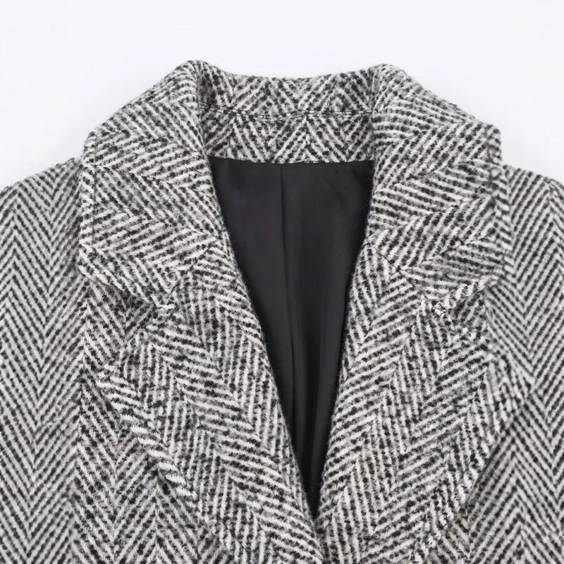 Damen Oversized Mantel mit Fischgrätmuster und tiefem Reverskragen Nord Taschen