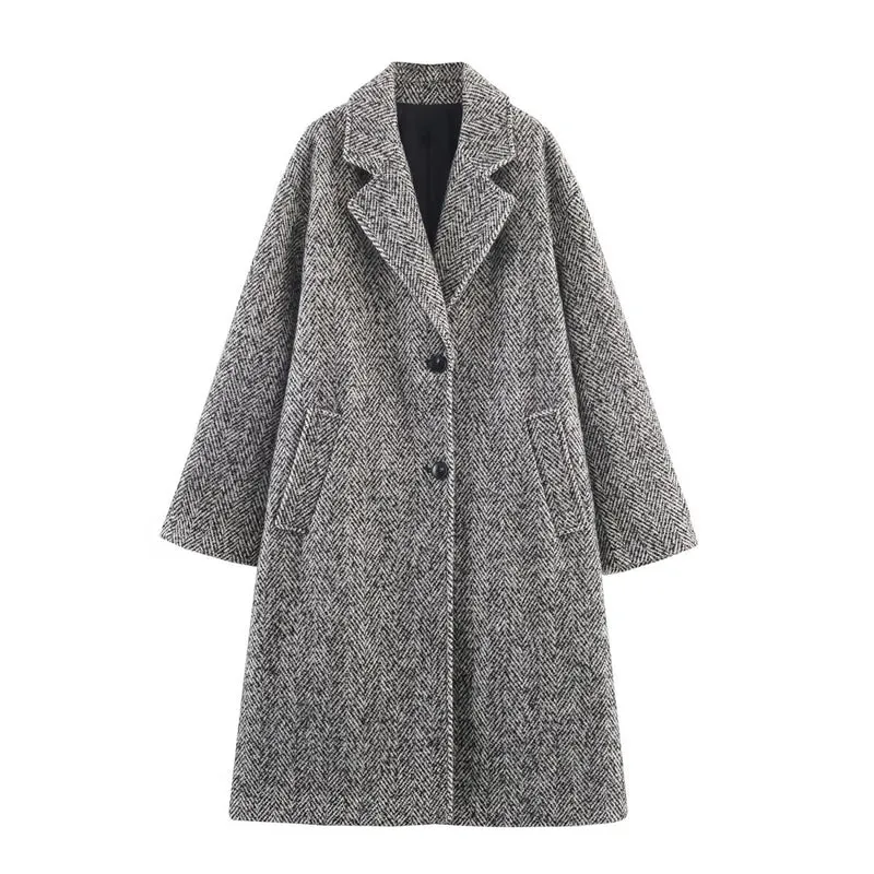 Damen Oversized Mantel mit Fischgrätmuster und tiefem Reverskragen Nord Taschen