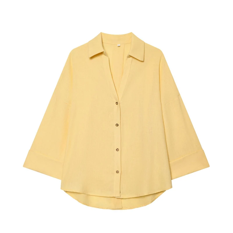 Damen Oversized Leinenbluse mit Kimonoärmeln und durchgehender Knopfleiste Nord Taschen