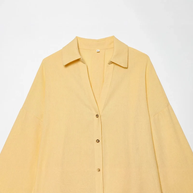 Damen Oversized Leinenbluse mit Kimonoärmeln und durchgehender Knopfleiste Nord Taschen