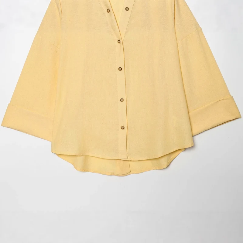 Damen Oversized Leinenbluse mit Kimonoärmeln und durchgehender Knopfleiste Nord Taschen