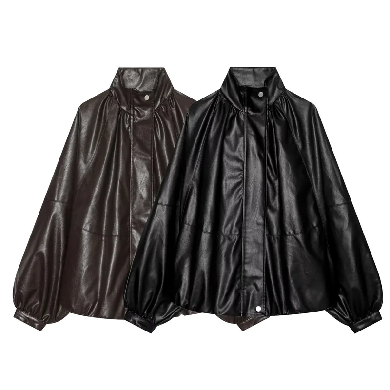 Damen Oversized Kunstleder-Cape mit Stehkragen und Ballonärmeln Nord Taschen