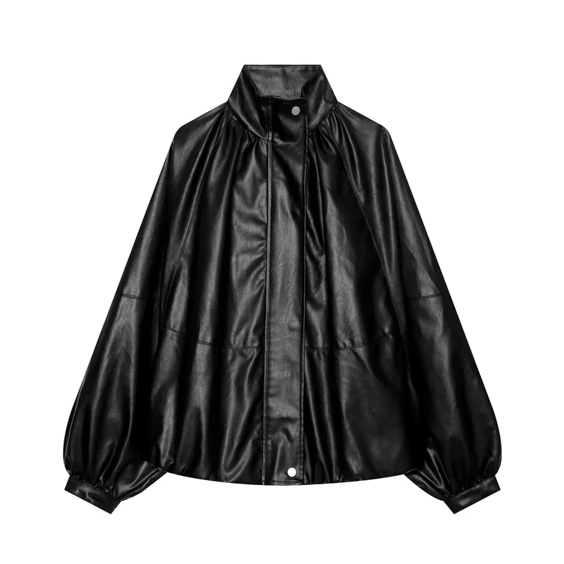 Damen Oversized Kunstleder-Cape mit Stehkragen und Ballonärmeln Nord Taschen