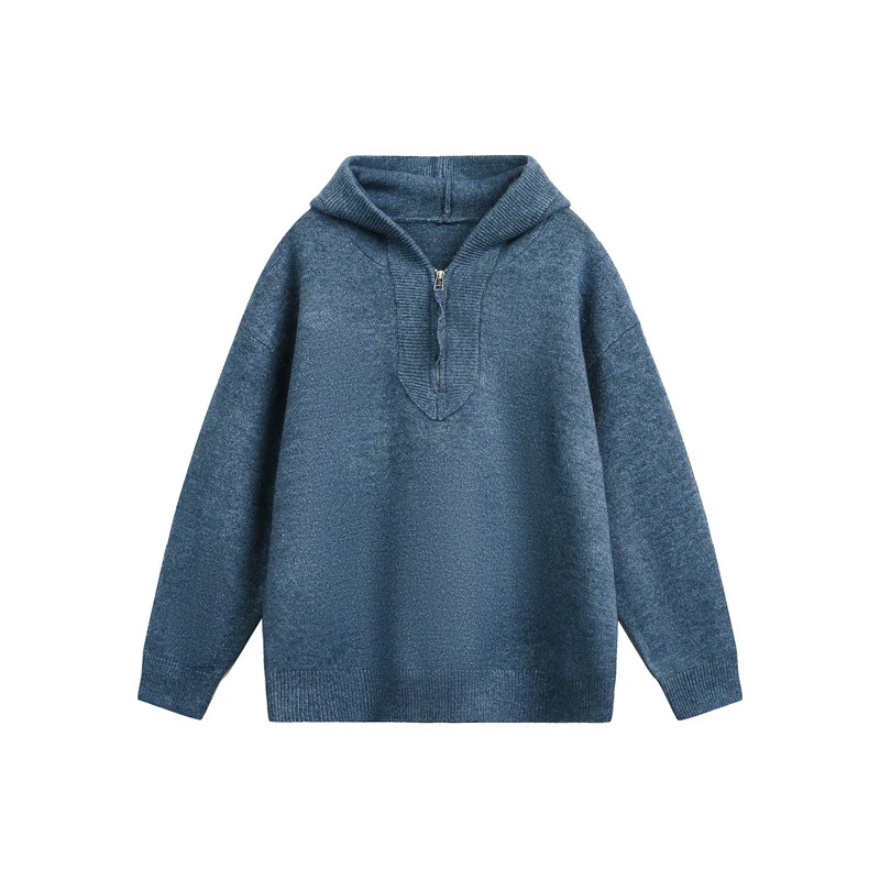 Damen Oversize-Strickpullover mit halbem Reißverschluss und Kapuzenkragen Nord Taschen
