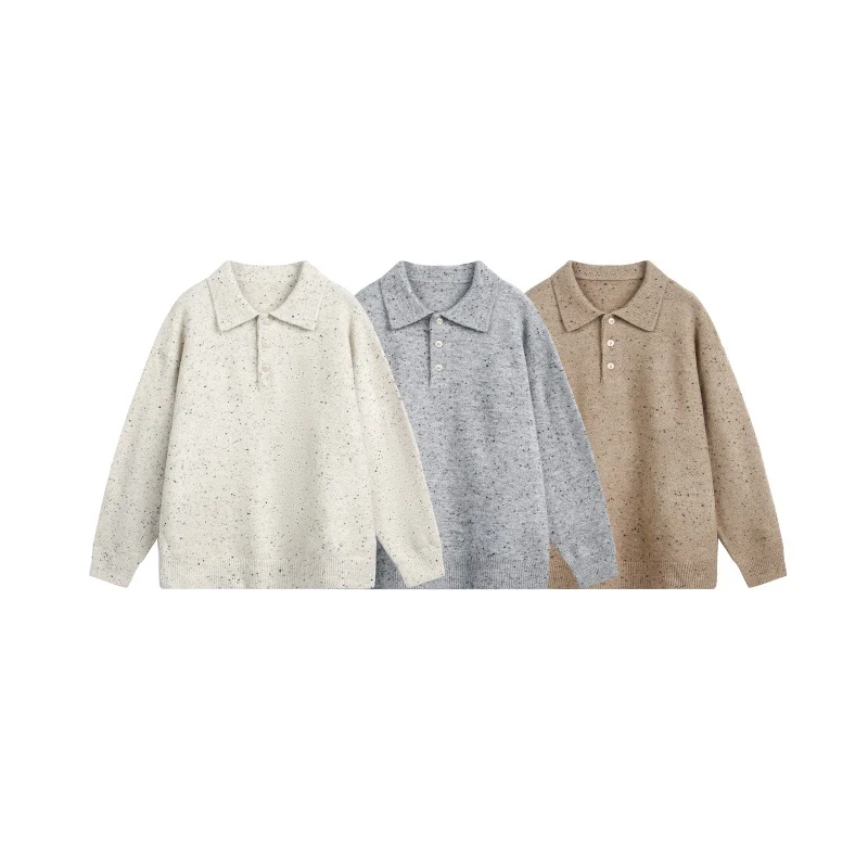 Damen Oversize-Polo-Pullover aus Mélange-Feinstrick mit Polokragen und Knopfleiste Nord Taschen